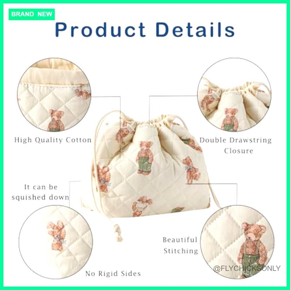Quilted Drawstring Makeup Bag Canvas Lining Travel Toiletry Cosmetic - Picture 4 of 6